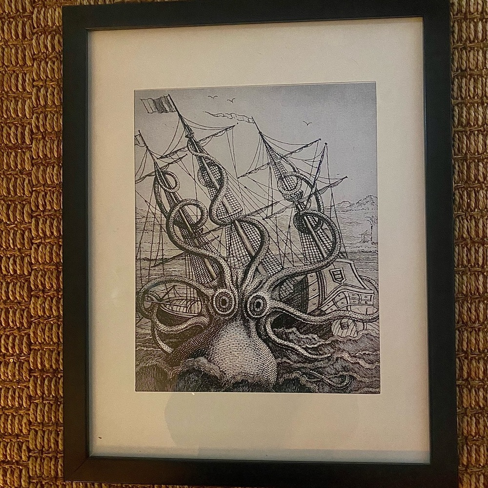 Kraken framed art - black lament frame w glass 12x18”